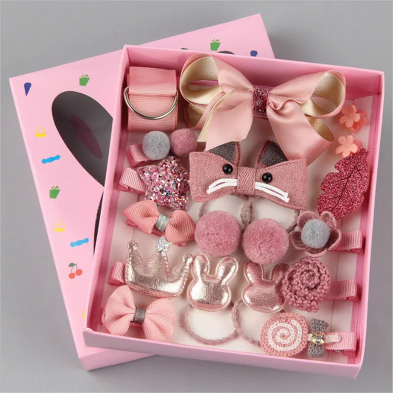 

18PCS Box Set Cute Girl Hair Accessories Hairpin Princess Cartoon Crown Bow Candy Flower Hair Ring Side Clip Handmade Gift