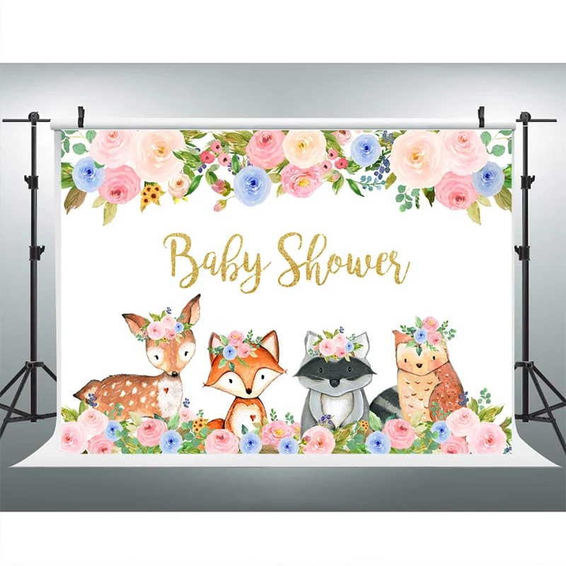 Woodland Baby Shower Backdrop Jungle Safari Photo Background Cute Animal Fox Flowers Photography Backdrops Dessert Table Decor |