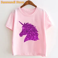 gliter unicorn head print baby clothes girls summer top kids winter basic tshirt pink short sleeve o neck childrens t shirts