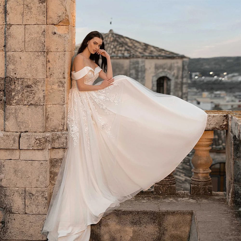 

Vestidos Sexy Wedding Dresses Tulle Appliques Pleat Sweetheart Off-Shoulder Lace Up A-Line Bridal Gowns Novia Do 2021