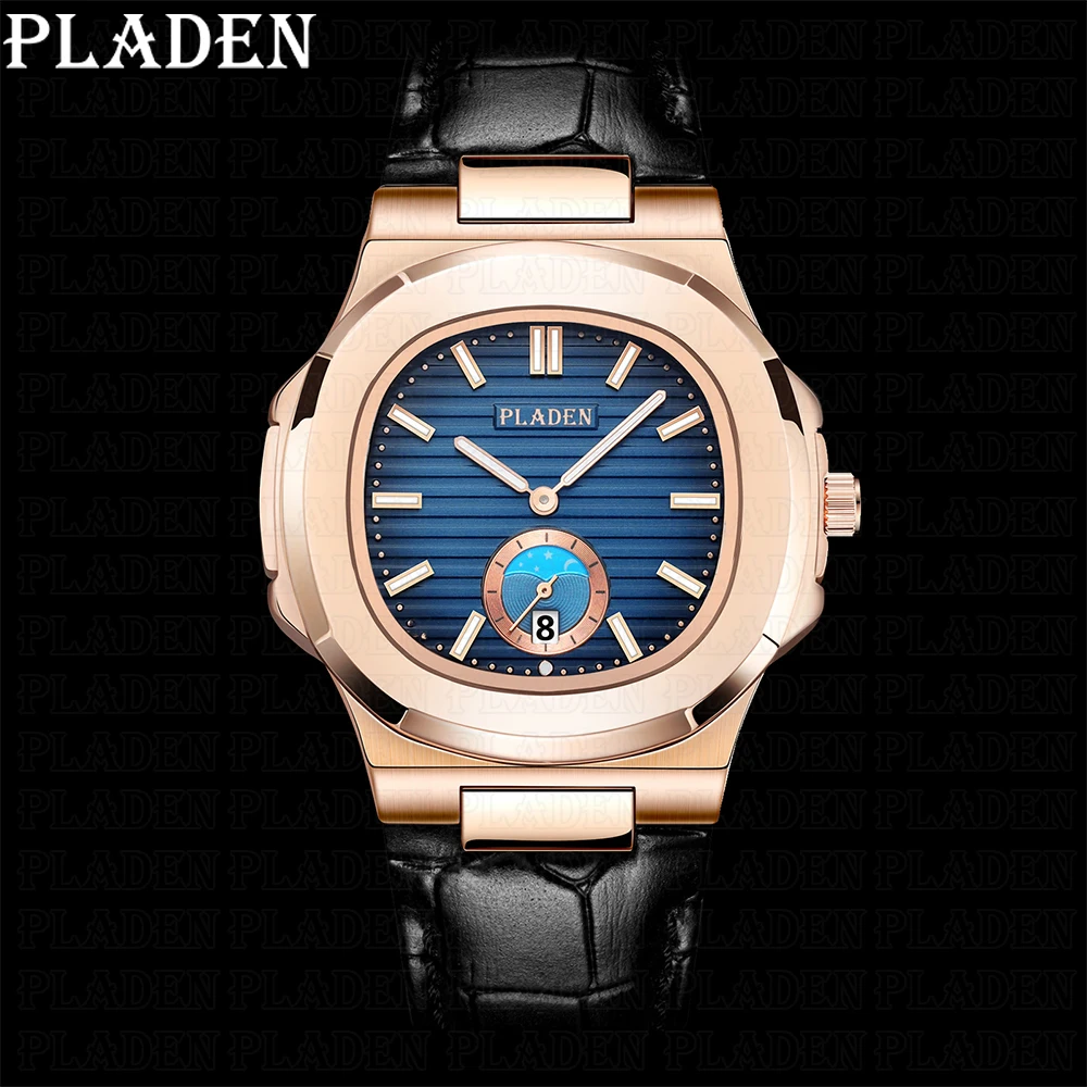 

2020 PLADEN New Fashion Mens Watches with leather strap Top Brand Luxury Sports Moon Phase Quartz AAA+ Watch Relogio Masculino