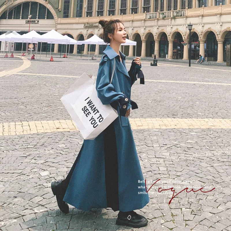 2021 Женская ветровка осень двубортное длинное поясом пальто-тренчи для женщин