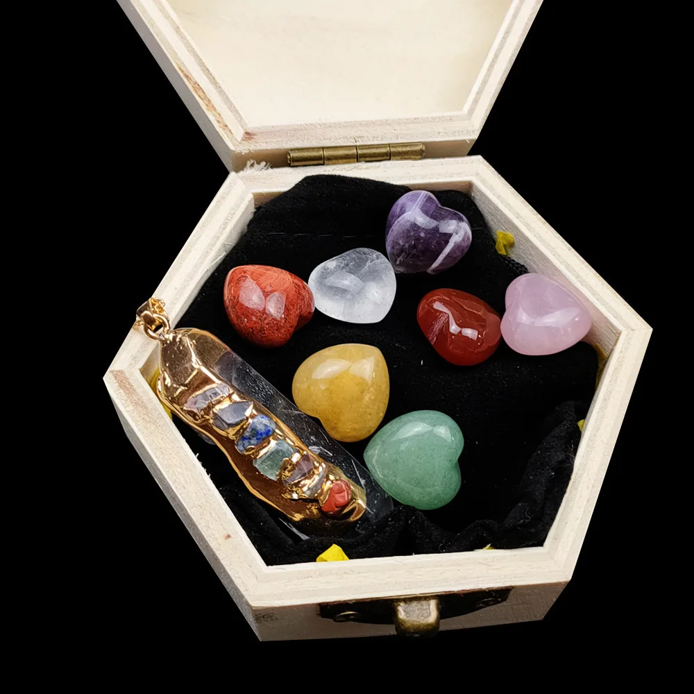 

Natural Crystal Agate Love Small Ornament Seven Chakra Irregular Pendant Gift Box Wooden Box Set