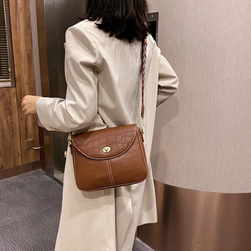 Vintage Stone Pattern Women Handbags Designer Wide Strap Shouder Bag Luxury Pu Leather Crossbody Bag Ladies Small Flap Purses