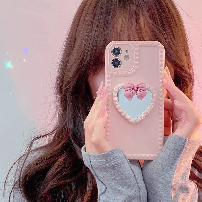 

3D Bow Love Heart Mirror Glossy Silicone phone case for iphone 12 Pro Max 11 XR X XS Max 7 8 plus MiNi 6S SE 20 Cute Back Cover