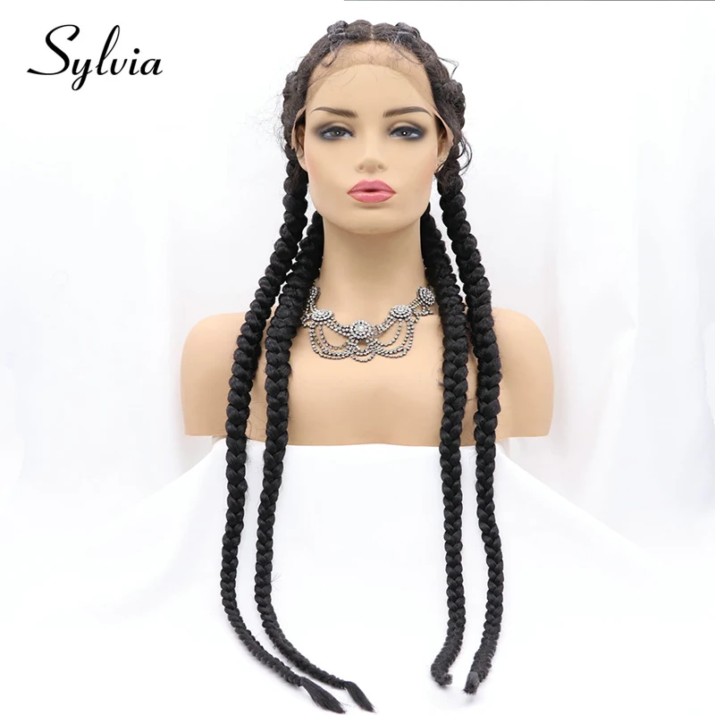 Long Black Braided 30 Inches Synthetic Lace Front Wig For Women Gray Ombre Blonde 4/5 Braids Cosplay Glueless Heat Resistan Hair