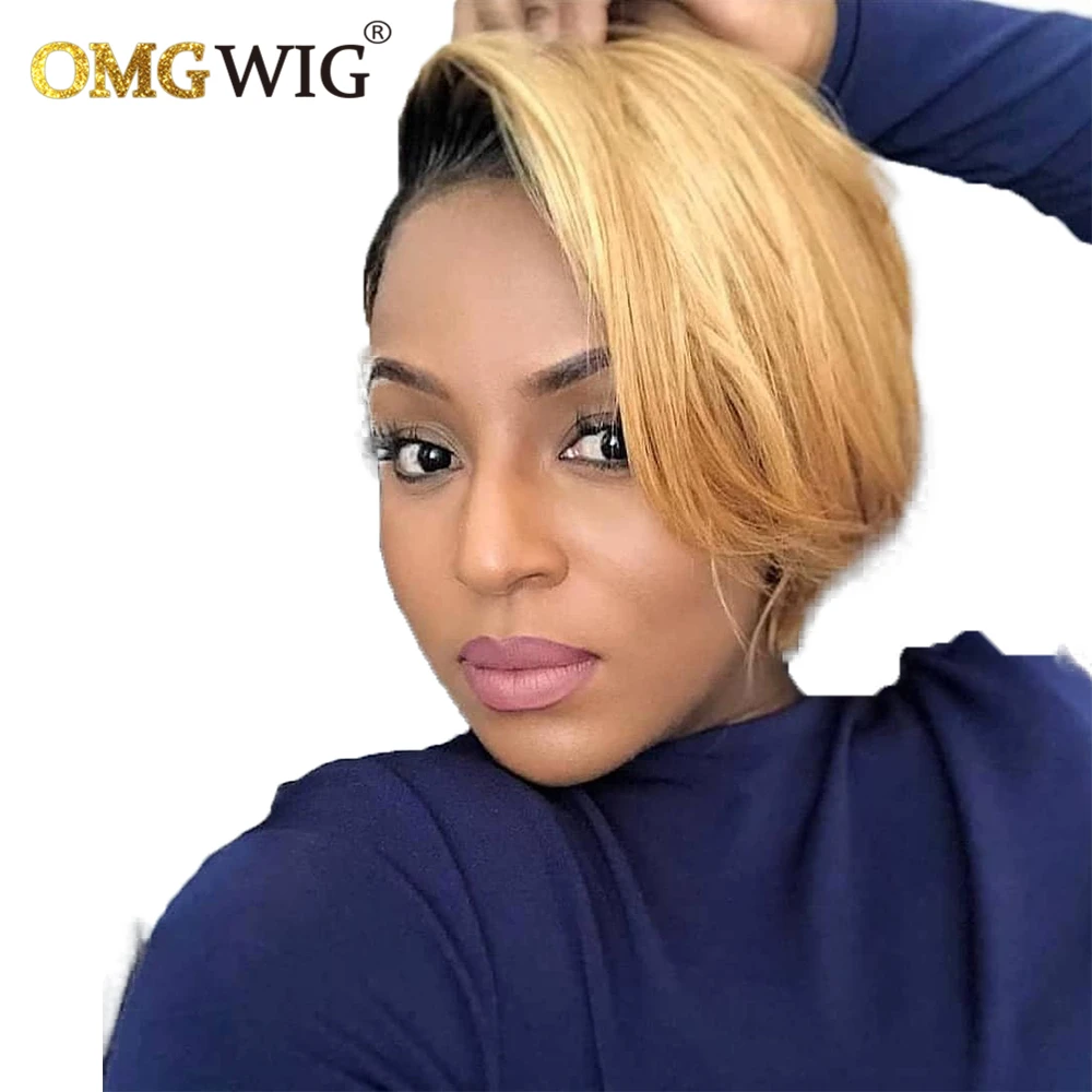 

Ombre Straight Indian Remy Human Hair Wigs For Black Women Side T Part Lace Wig 13x1 1B27 Honey Blonde Short Bob Pixie Cut Wigs