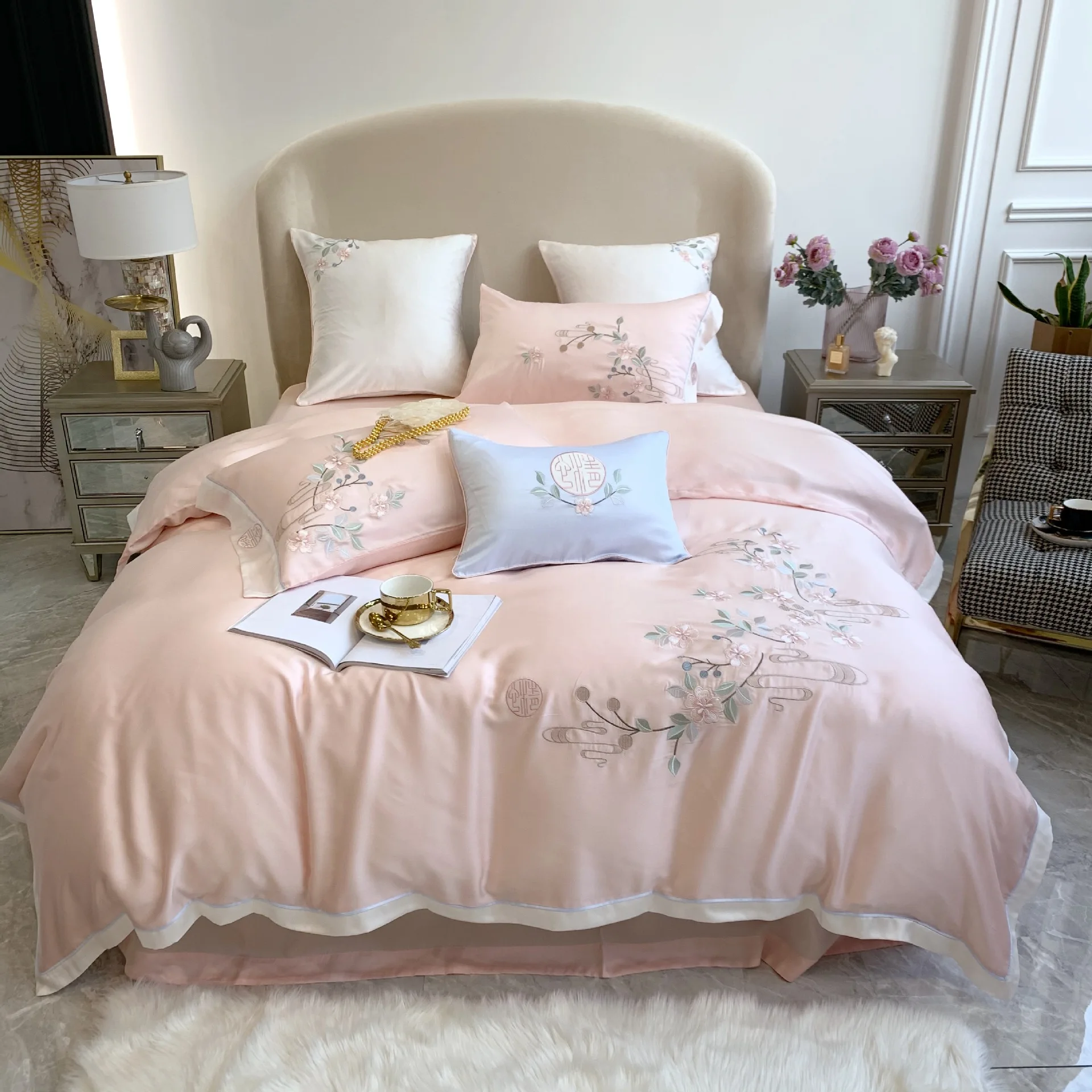 

Upscale Light Luxury 80S Austria Lanjing Tencel Four-Piece Summer Bare Sleeping Viscose Fiber Bed Sheet Quilt Cover Bedding
