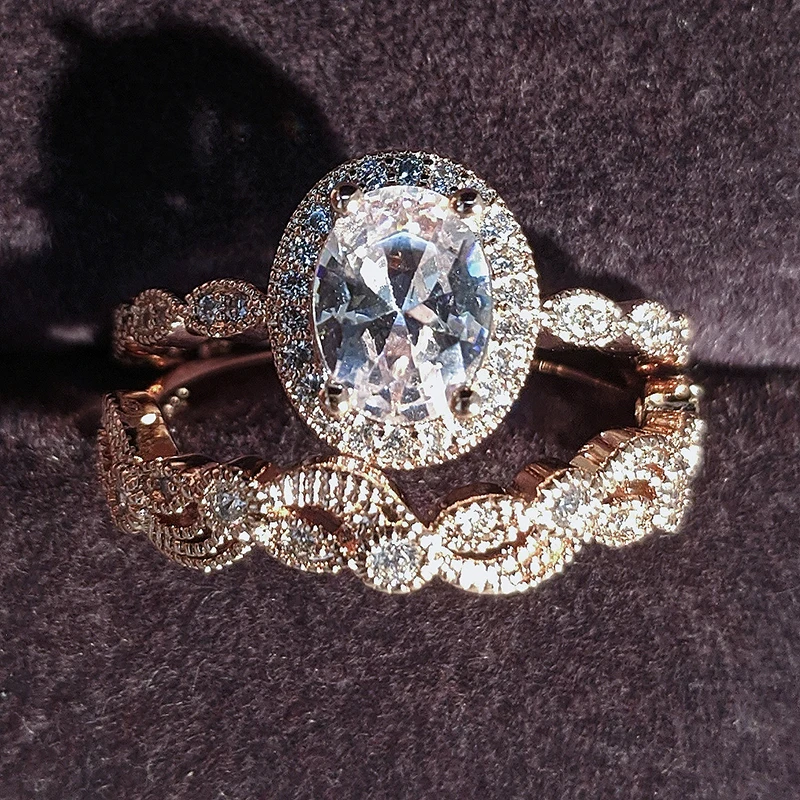 Новинка 2021 набор обручальных колец с полым узором овальной формы из циркония цвета розового золота и