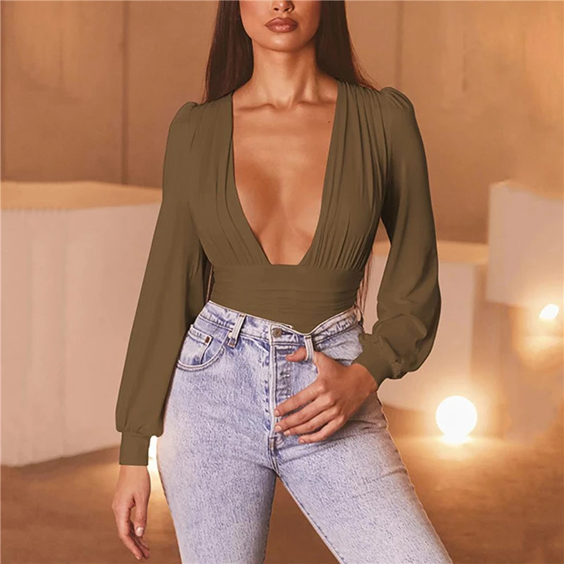 

Ladies Fashion Slim Bodysuit Long Sleeve Sexy Deep V-Neck Solid Color New Playsuit For Female Autumn Winter Women'S Clothing