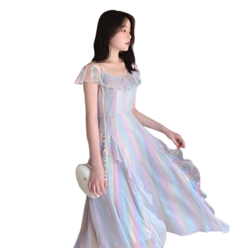 Женское длинное шифоновое платье элегантное макси с радужным лифом в виде