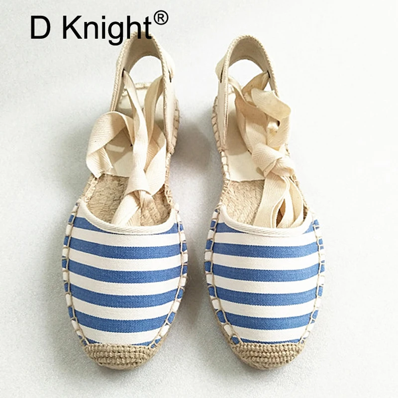 

Women Flats Espadrilles Sandals 2021 Summer Striped Ankle Strap Women Canvas Platform Fisherman Fashion Lace up Hemp Shoes Woman