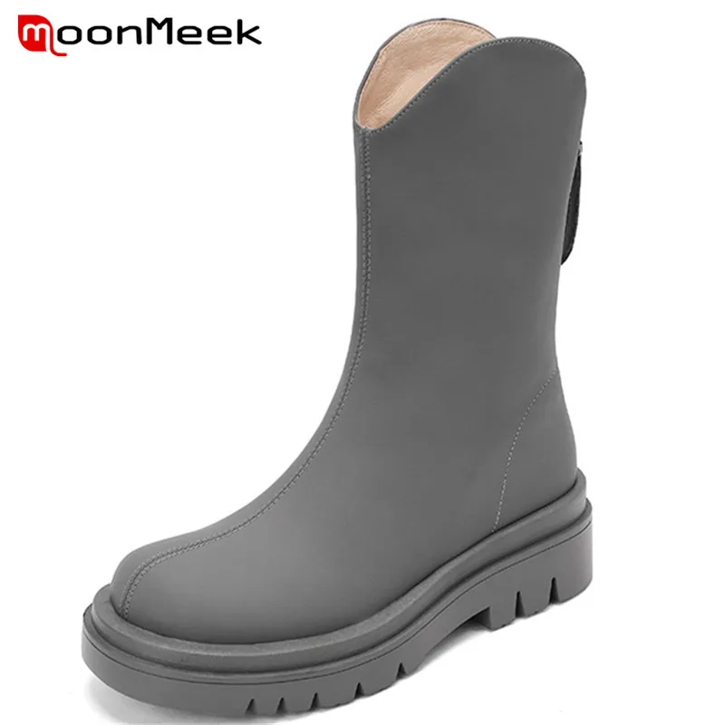 

MoonMeek 2022 New Arrive Wool Snow Boots Women Genuine Leather Shoes Zip Round Toe Flat Platform Shoes Women Ankle Boots