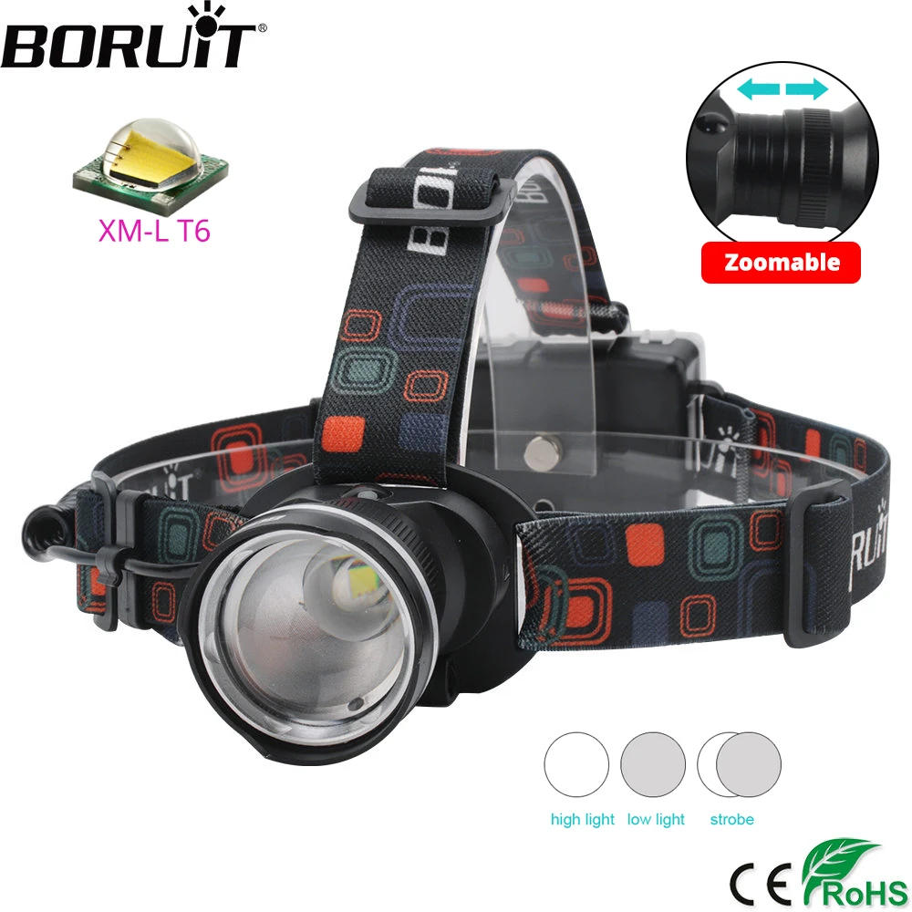 

BORUiT RJ-2166 4000LM T6 LED Headlamp 3-Mode Zoom Headlight Waterproof Head Torch for Camping Hunting Flashlight by AA Battery