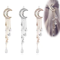 fashion elegant women lady moon rhinestone crystal tassel long chain beads dangle hairpin hair clip hair accessories jewelry