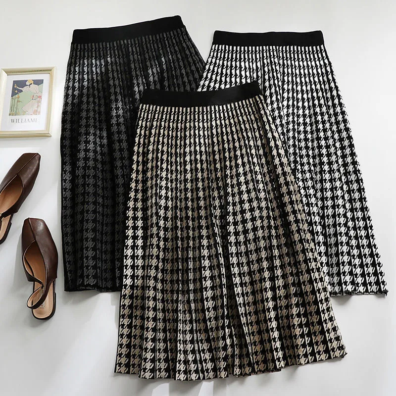 

Women Skirt Plaid Knitted Midi Skirt A-Line High Waist Elegant Pleated Skirt Spring Autumn Winter faldas femme jupes