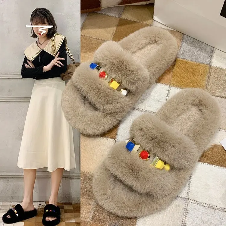 Fujin/меховые шлепанцы для женщин Домашняя обувь Меховые тапочки Плюшевые сандалии