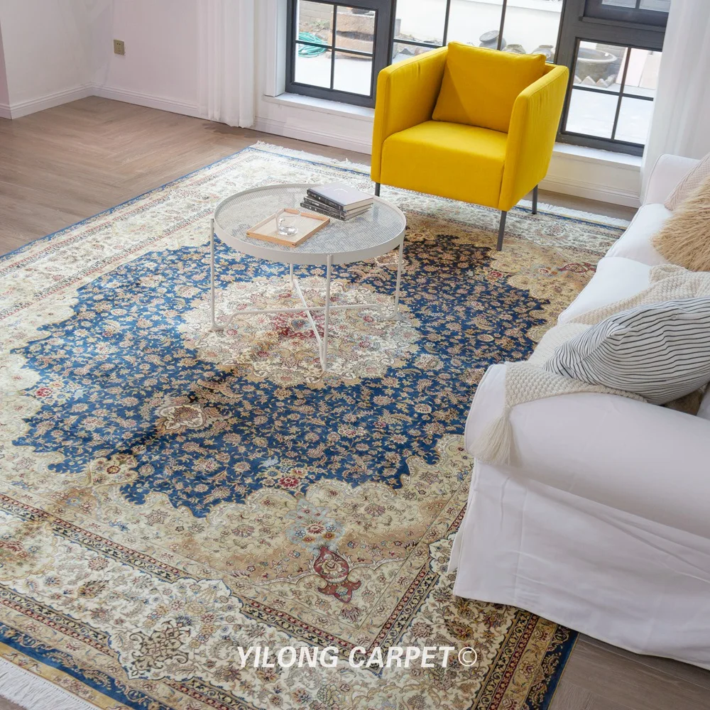 Goedkoop Yilong 9'x12 'Blauw Perzische Handgemaakte Grote Maat Hereke Zijden Tapijt (YL2003)