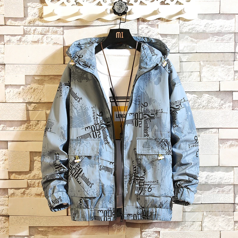 

Spring Jackets man printing hooded casual men jacket coat streetwear windbreaker bomber men's jacket