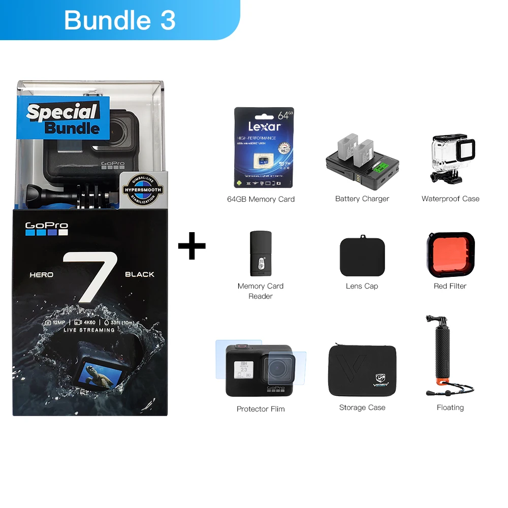 Bundle 3 Оригинальная специальная экшн-Камера GoPro Hero 7 черного цвета Go Pro Hero7, Спортивная камера 4K 60fps 1080P 240fps 12 MP, прямая передача фотографий - Цвет: Bundle 3