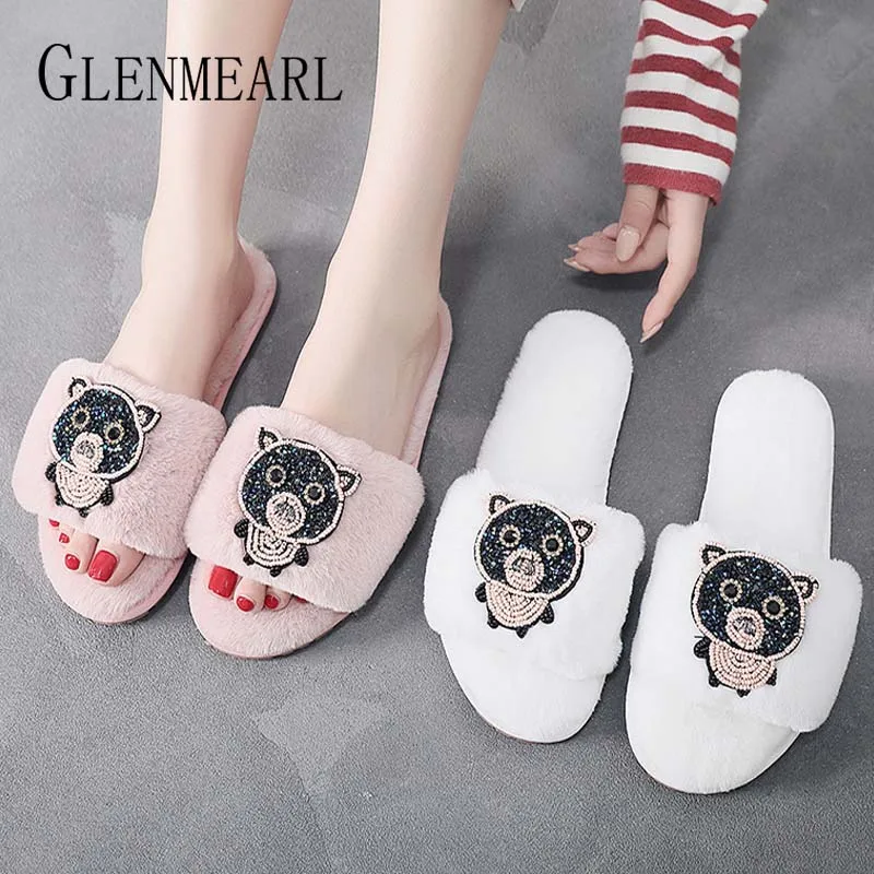 Шлепанцы женские домашние теплые меховые сланцы мультяшный рисунок плюшевая