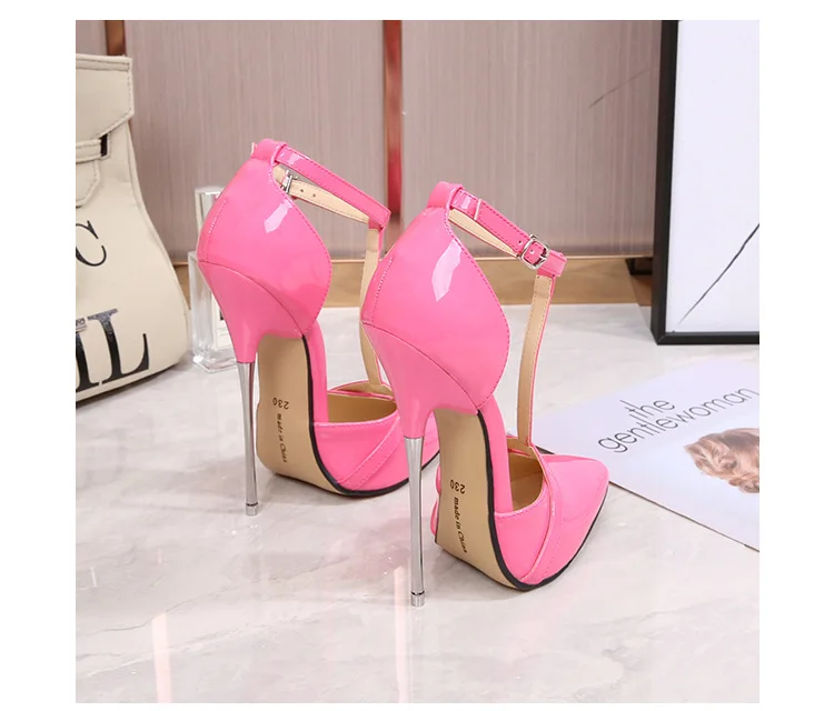 

Super High Heels 16cm Womens Sandals T-Head Pointed Toe Thin Heel Sexy Ladies Pumps Fetish Shoes Pink Dress Model Mujer Bombas