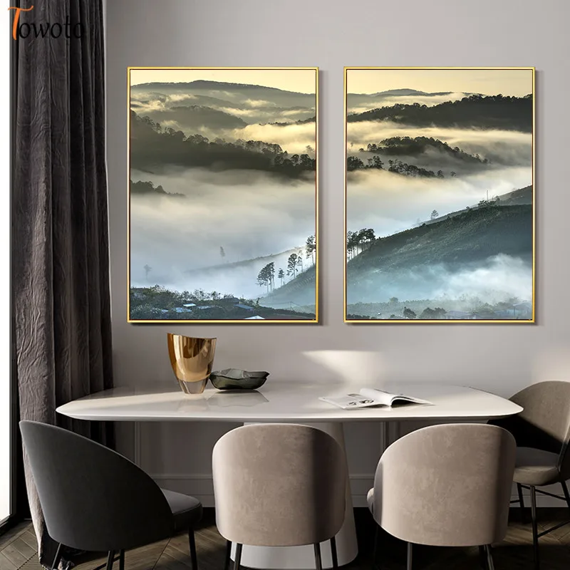 Скандинавский постер пейзаж холст живопись туман холмы деревянный лес печать