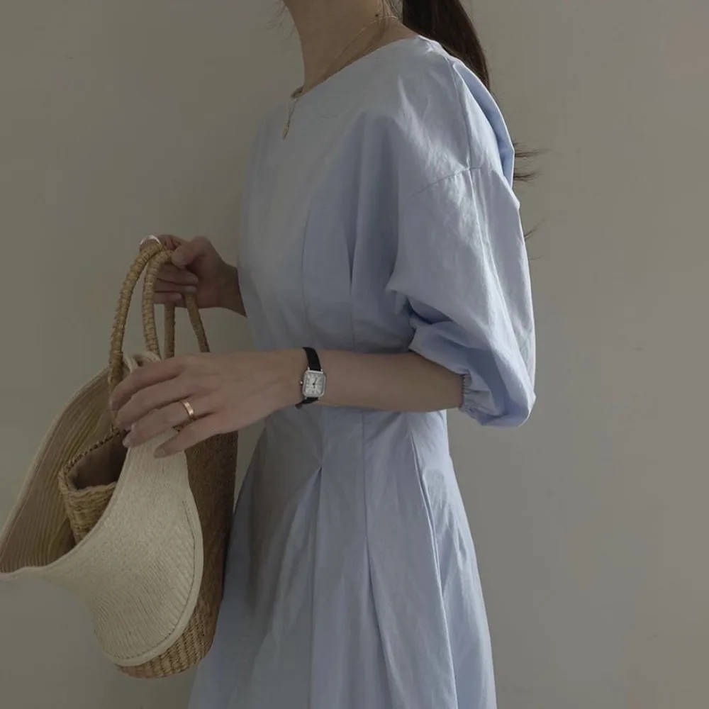 

Korean Fashion Women's Dress Women's Dress Elegant 2021 Simplicity Solid Color High Waist Round Neck Lantern Sleeve