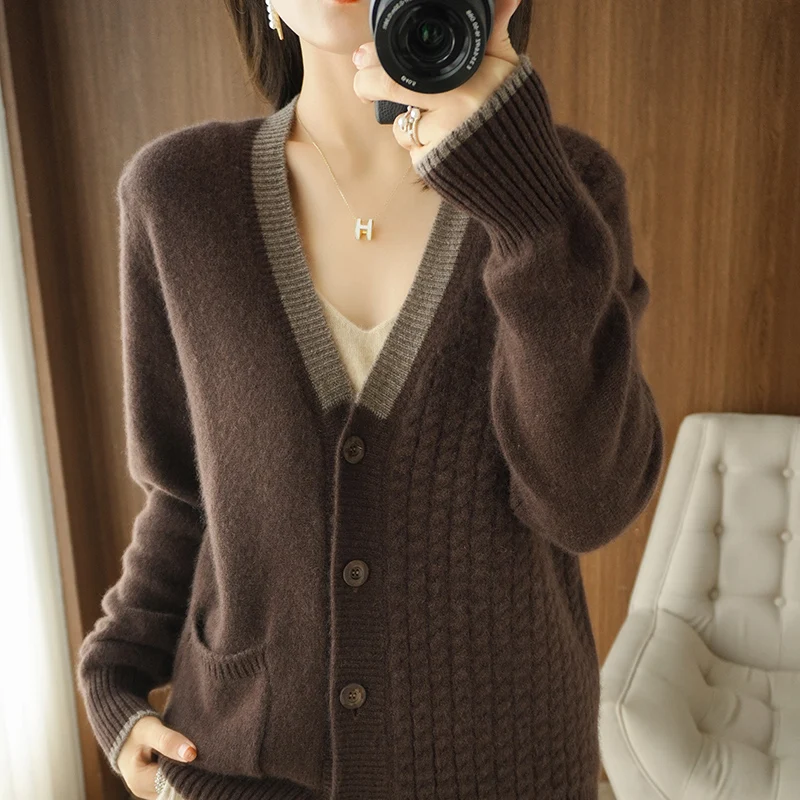 

Korean Version V-Neck 100% Wool Knitted Cardigan Women's 2021 Autumn and Winter New Loose Outer Tower Thick Warm Sweater Jacket