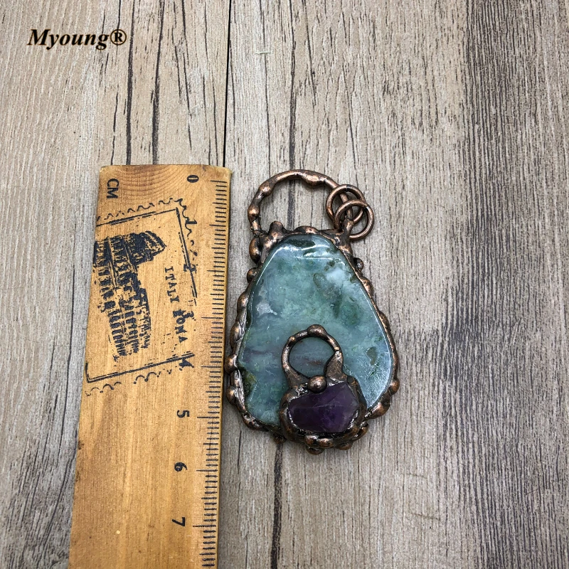

Vintage Chrysoprase Slice Stone Pendant Amethysts Paved Australian Jades Antique Finish Loop Boho Jewelry Making MY200471
