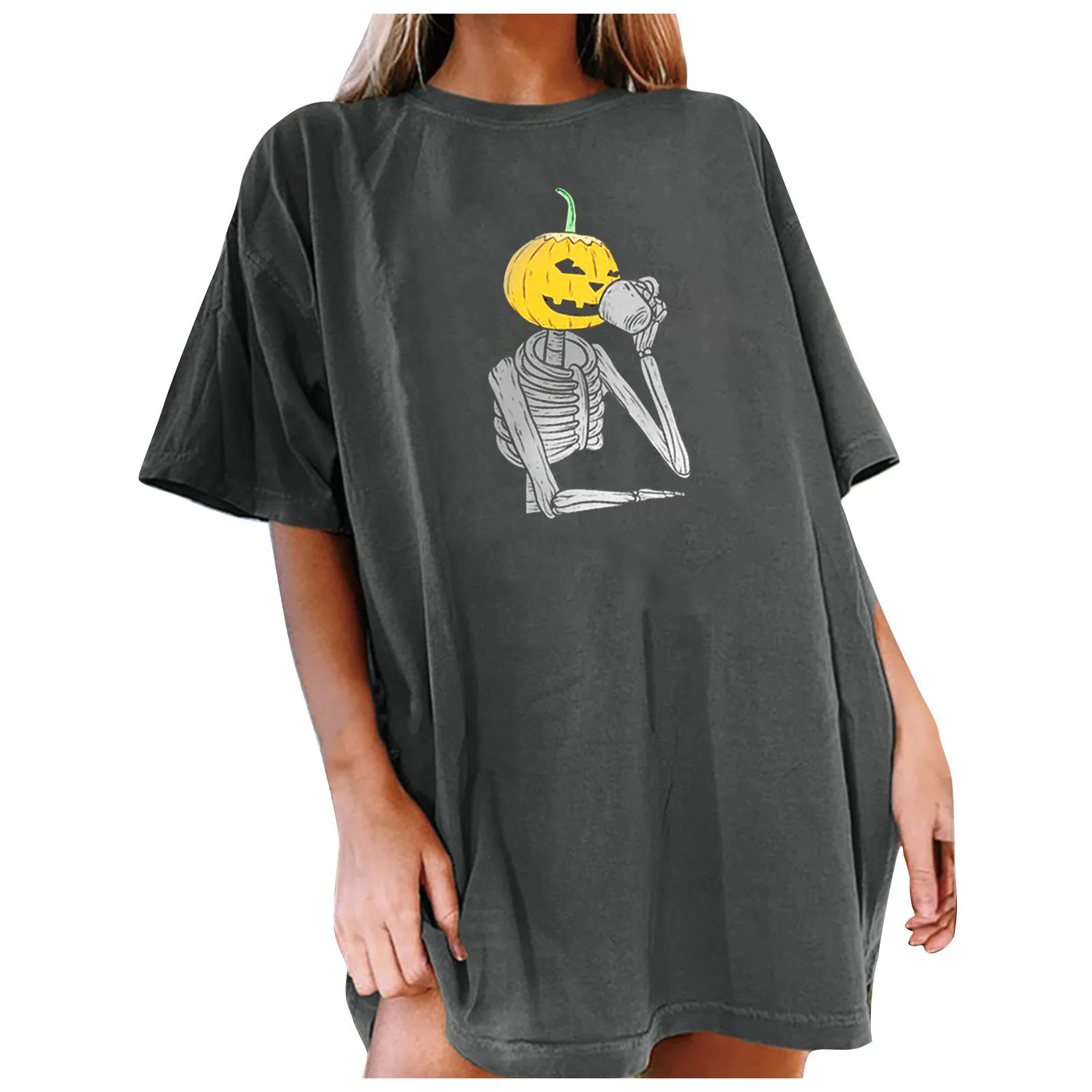 

2021 Women's Halloween Pumpkin Print T-shirt Tops Streetwear Casual Half Sleeve Shirts Loose O-Neck Crop Tops ropa de mujer
