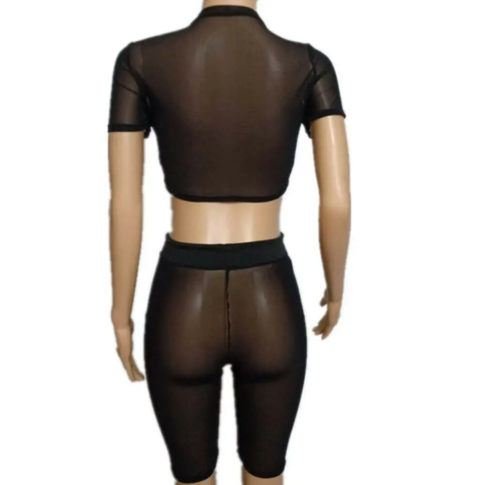 Women Summer 2Piece Set Crop Top and Shorts Bodycon Outfit Short Mesh Jumpsuit see through sexy women suit sportswear |