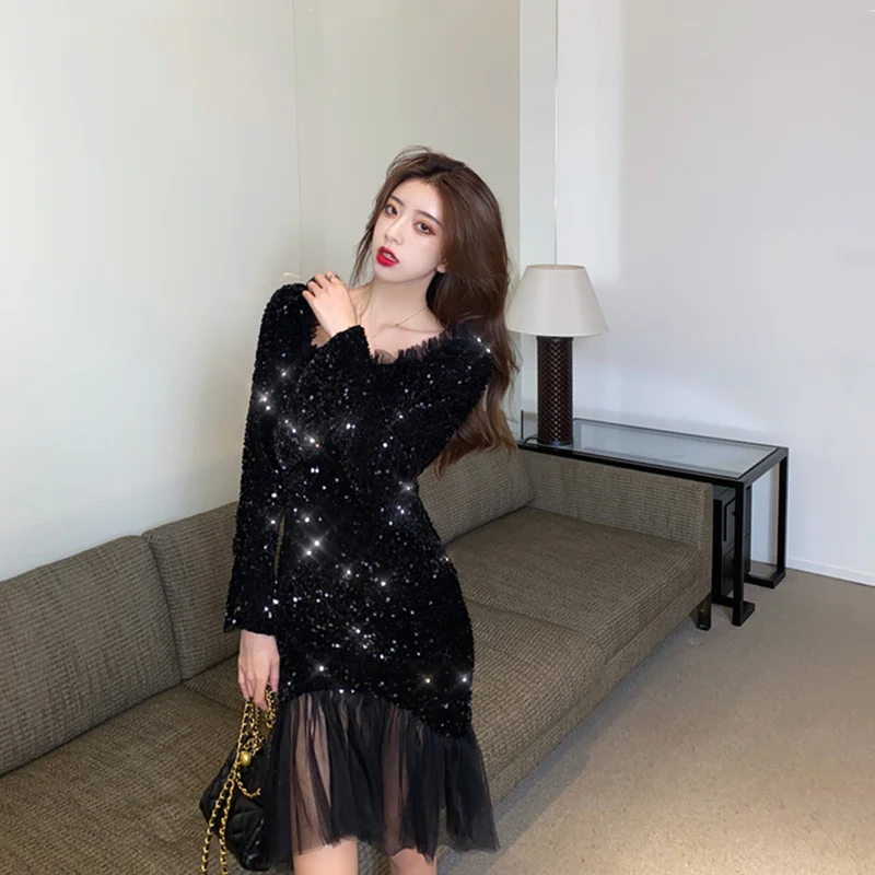 

Autumn and winter new fashion heavy industry sequined mesh stitching glittering mid-length dress fishtail dress women