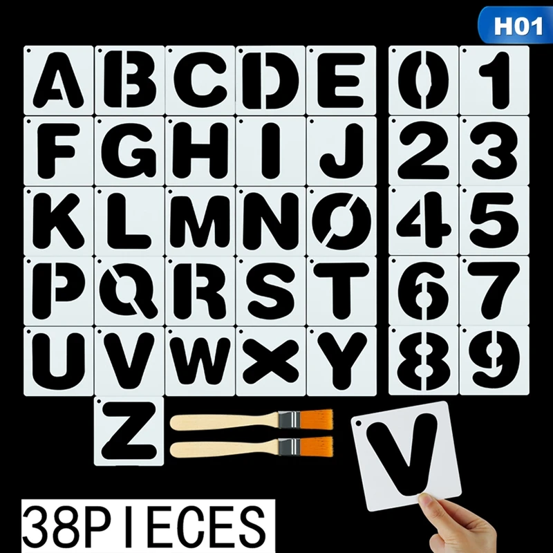 

36 Templates + 2 Brushes / Sets Alphabet English Letters Stencils Painting Scrapbooking Stamping Embossing Album Paper Template