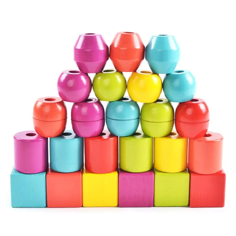 

Geometric Shape Wooden Lacing Beads Kids Montessori Blocks Threading Educational Toy Gift for Children C5AF