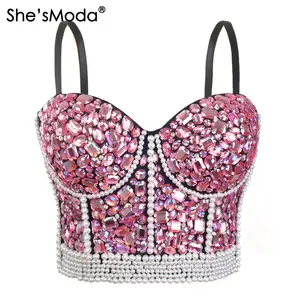 Новинка She'sModa фиолетовые стразы бюстье с бусинами жемчуг бриллиант пуш-ап Бралетт для ночного клуба женский бюстгальтер укороченный Топ жилет размера плюс