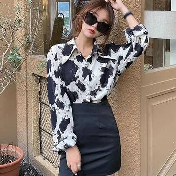 Ladies Shirt Spring And Autumn Style Artistic Leopard Print Loose Tie-dye Women's Long-sleeved Blouses, 1