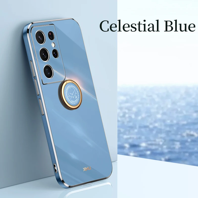 Luxury Plating Ring Holder Square Phone Case For Samsung Galaxy S21 S22 Ultra Plus S 21 FE 5g A32 A52 2021 Silicone Stand Cover
