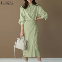 elegant solid shirt dress 2021 zanzea womens spring sundress long sleeve midi vestido female casual button lapel robe