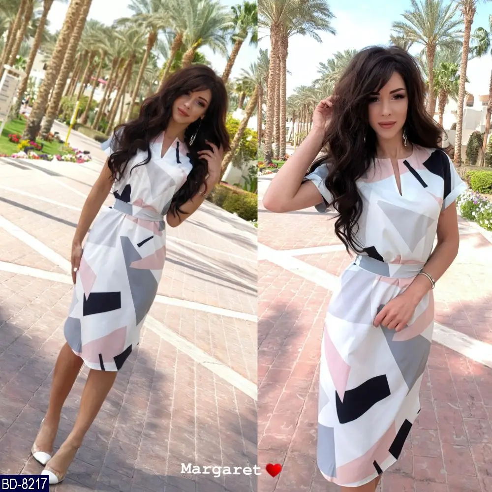 Новые цвета печати женское осеннее платье v образным вырезом с коротким рукавом