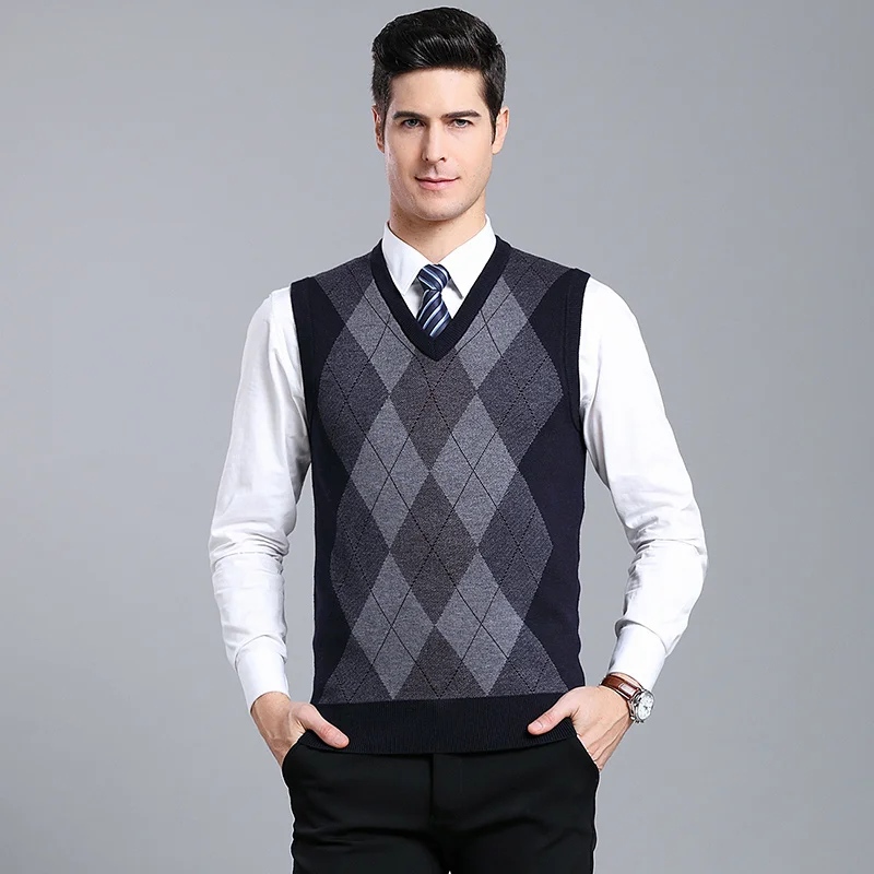 New Fashion Brand Sweaters Men Pullover V Neck Slim Fit Jumpers Knitred Sleeveless Autumn Korean Vest Style Casual Men Clothes - Цвет: Тёмно-синий