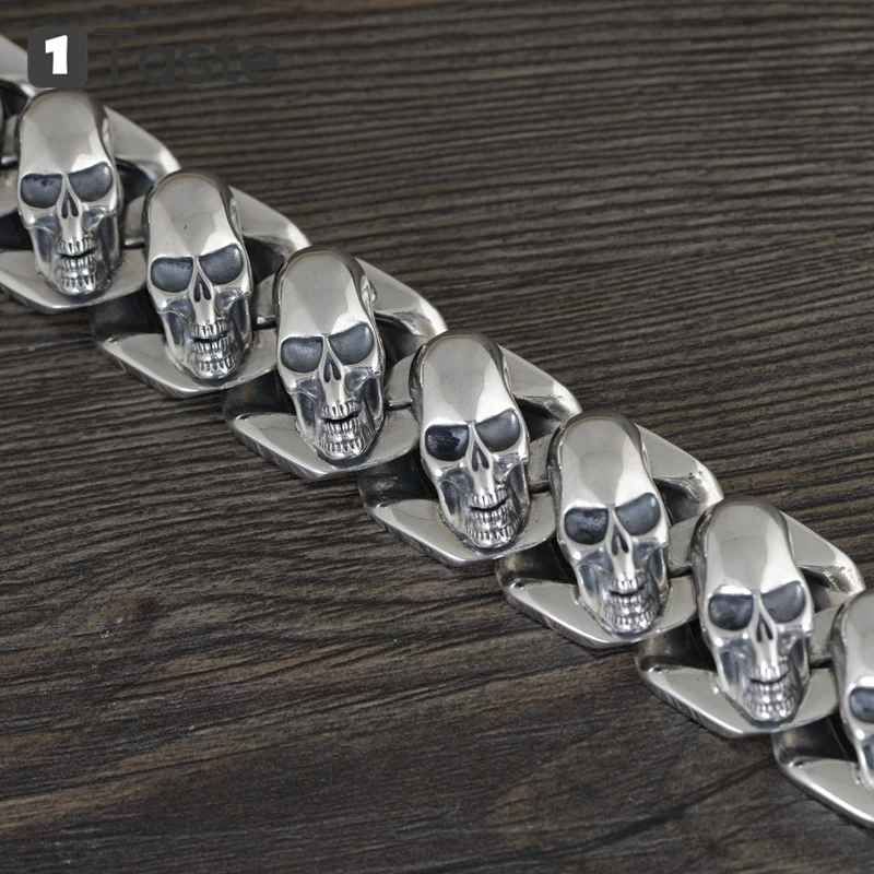 

ONE TASTE S925 Silver Thai Tank Chain Skull Men's Bracelets Fine Jewel Hiphop Punk Trendy Hyperbole Width Skeleton Bracelet Gift