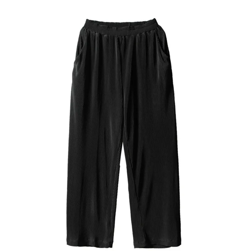 

Summer Pleated Pants Men's Fashion Black Casual Pants Men Trousers Korean Loose Straight Wide-leg Pants Mens Ice Silk Pants