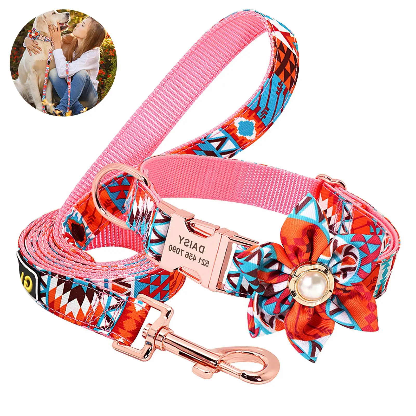 

Pet Harness + Leash Set Training Walking Leads For Small Cats Dogs Floral Print Harness Collar Adjust Leashes Set