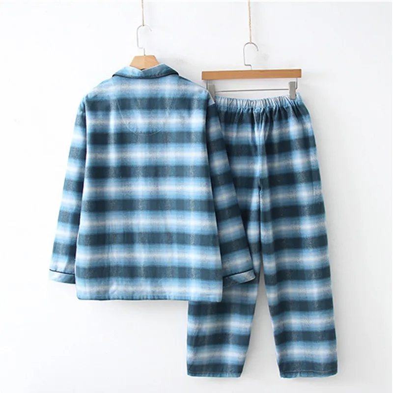 2019 Autumn Male pijamas Men Casual Plaid Pajamas sets Turn-down Collar shirt &amp pants 100% Thick Polish Cotton sleepwear suit | Мужская
