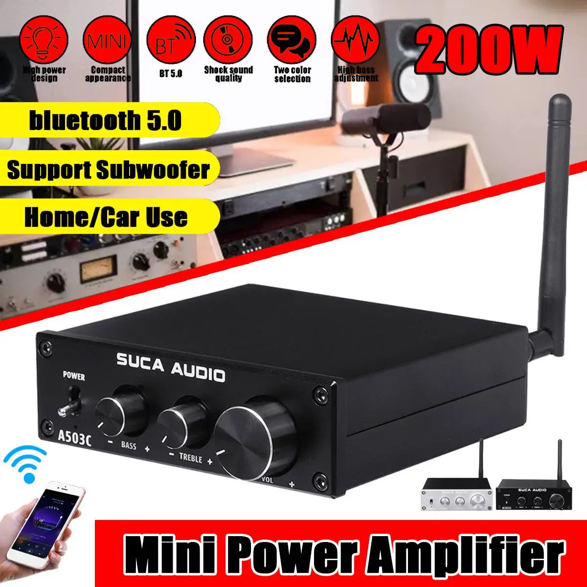 

bluetooth 5.0 Sound Power Stereo Amplifier 200W 2 Channel Mini HiFi Stereo Audio Class D Amp Bass Treble For Home Car Speakers