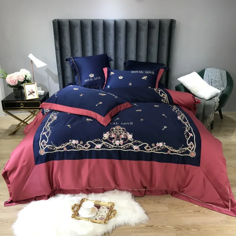 

New Luxury 60S Satin Silk Cotton Flowers Honeybee Embroidery Bedding Set Duvet Cover Flat/Fitted Sheet Pillowcases Home Textiles