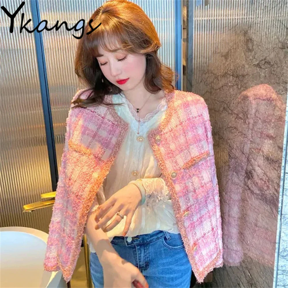 

Элегантный розовый твидовый винтажный жакет, женский весенне-осенний короткий жакет с темпераментом, модное женское пальто во французском ...