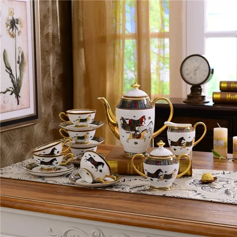 Juego de porcelana de caf&eacute; de lujo de 15 piezas, juego de taza de t&eacute; con cabezal de az&uacute;car de porcelana de hueso, regalo &uacute;nico de boda, utensilios de cocina, vajilla-1