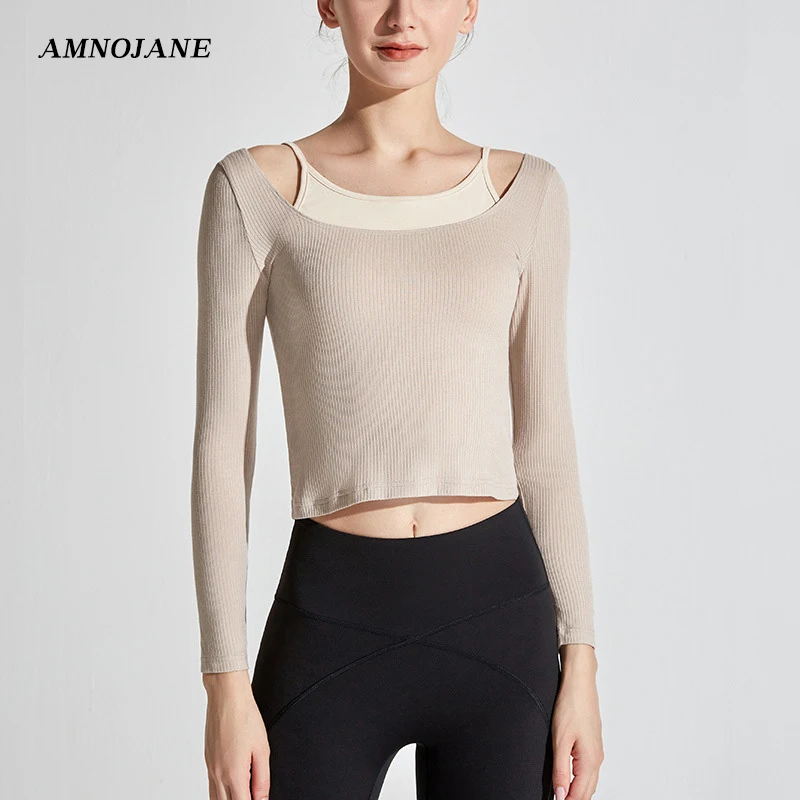 

Women Gym Yoga Crop Tops Yoga Shirts Long Sleeve Women's Sports Wear For Fitness Fake Two Pieces Cotton T Shirt Sportswear Sexy